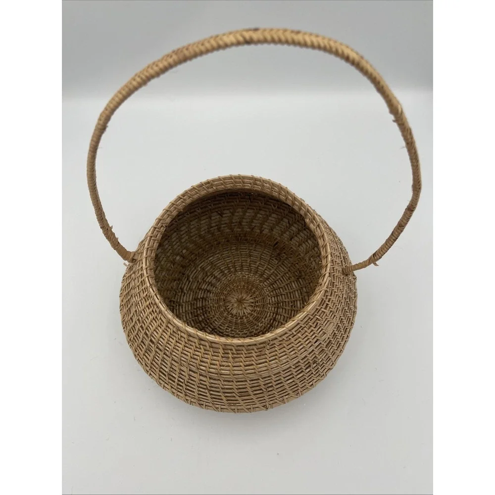 Vintage Hand Woven Natural Grass Basket Bulbous Round Handle Tan Boho Decor